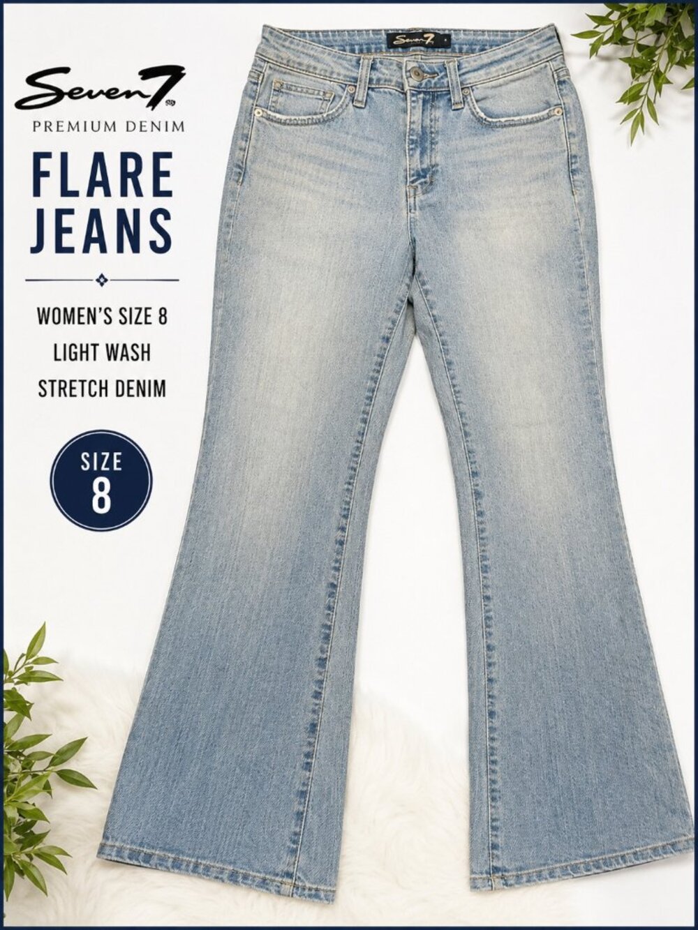 Seven7 Premium Denim Flare Jeans Women Size 8 Light Wash Stretch Blue Denim